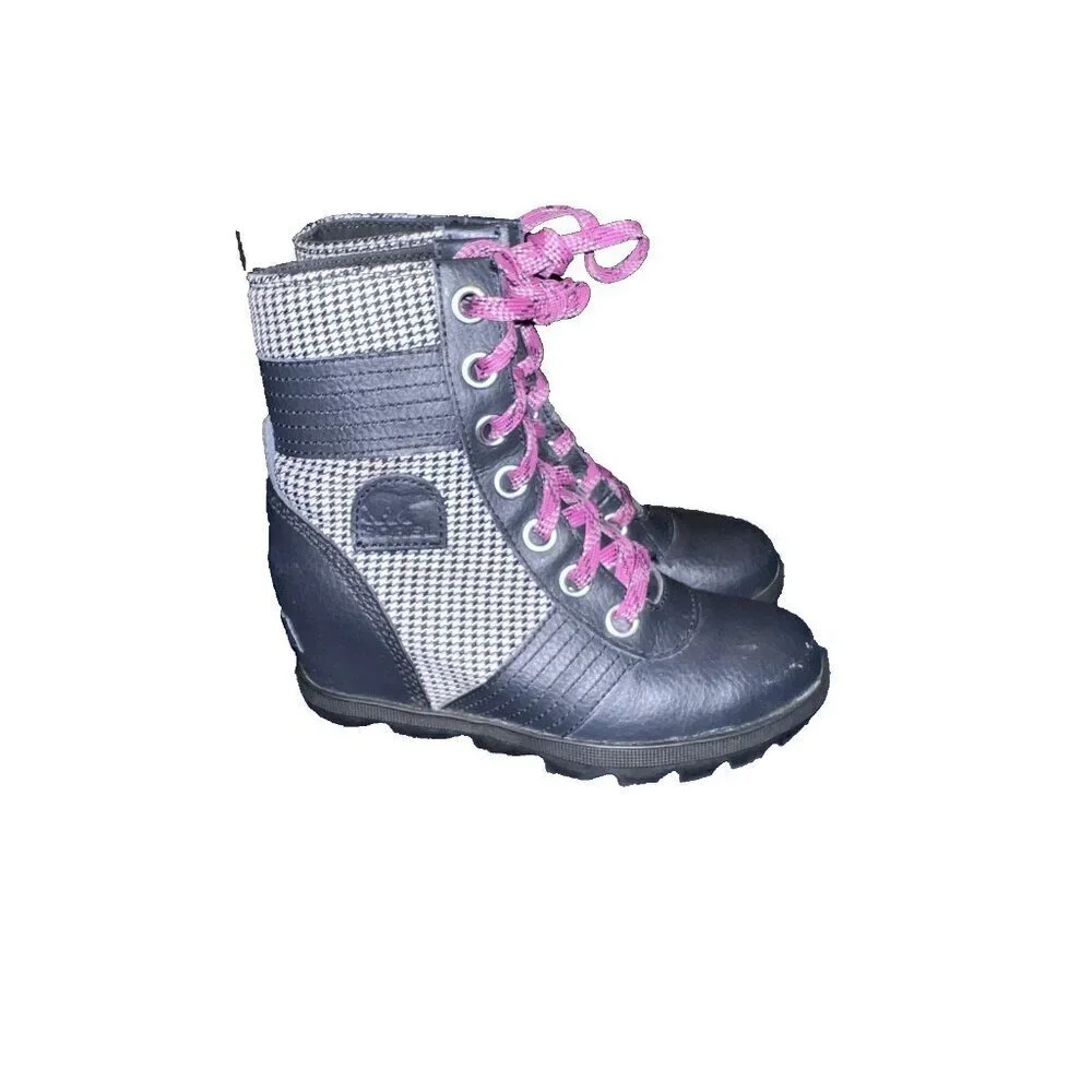 SOREL Girls Lexie Wedge Heel Boots Size 1 Black Checkered Leather Pink Laces
